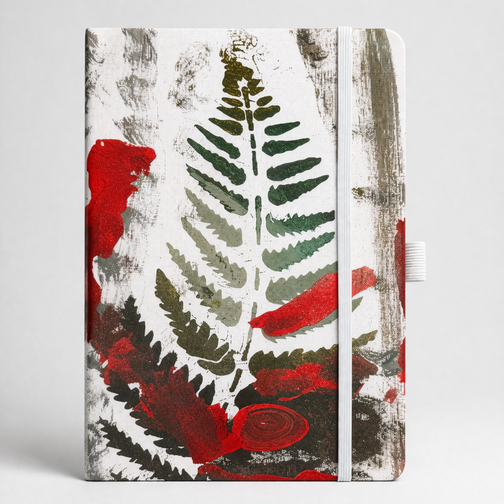 Notebook with a design of leaves and red flowers on a white background