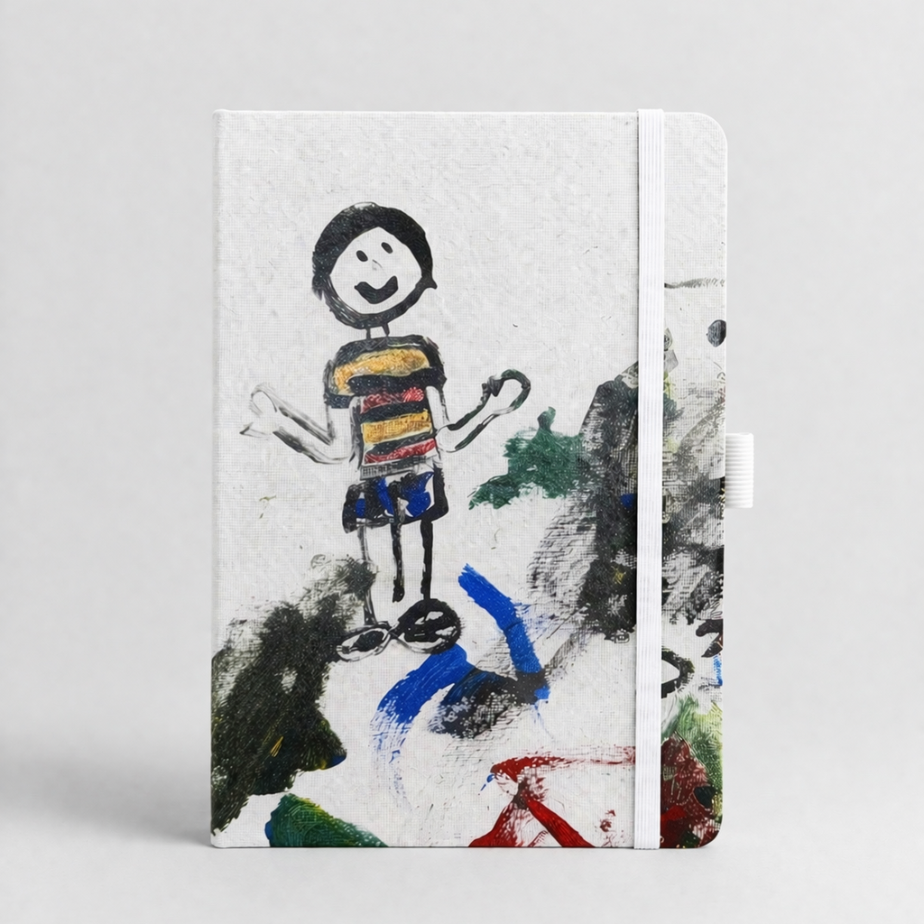 Notebook cover with a child-like drawing of a stick figure on a white background