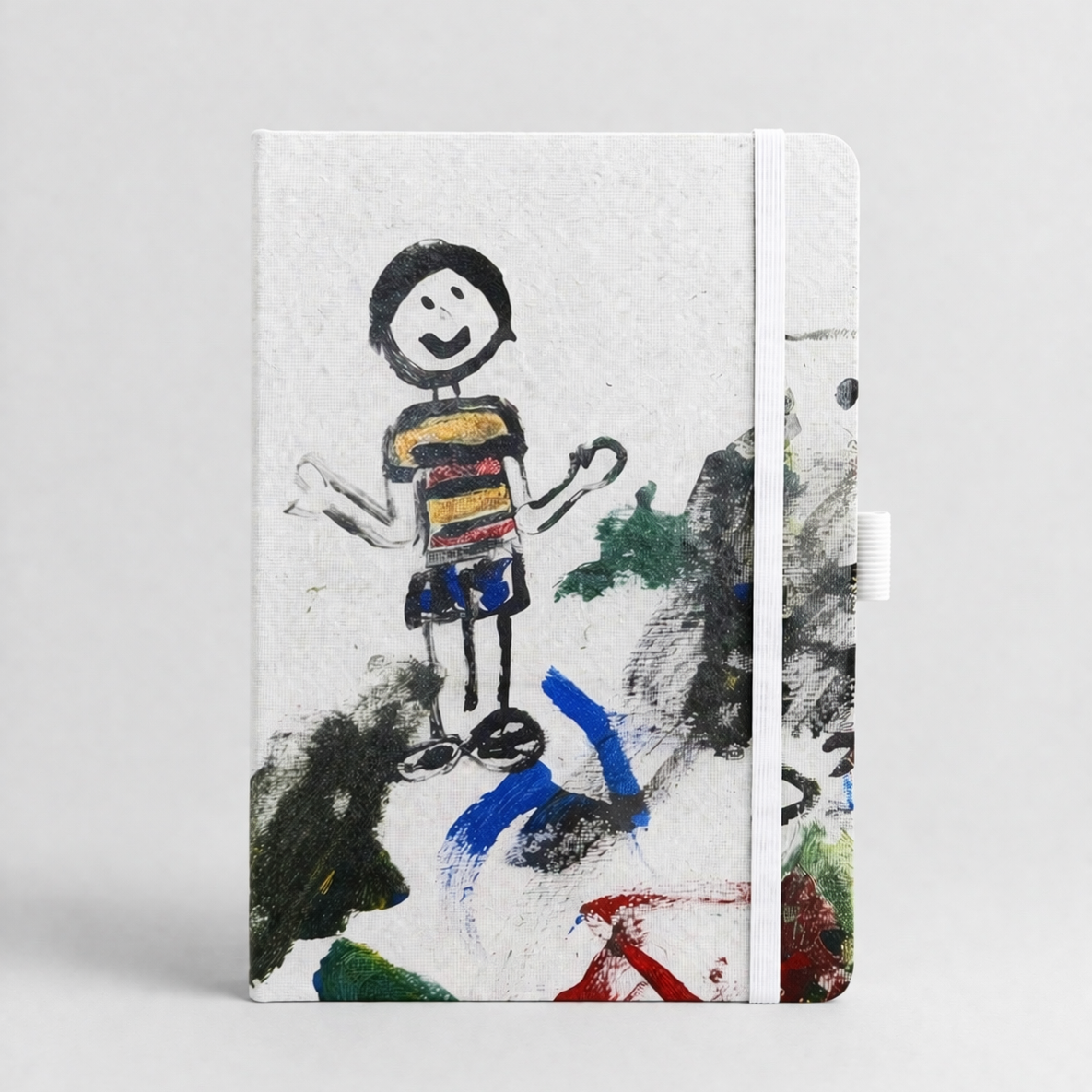Notebook cover with a child-like drawing of a stick figure on a white background