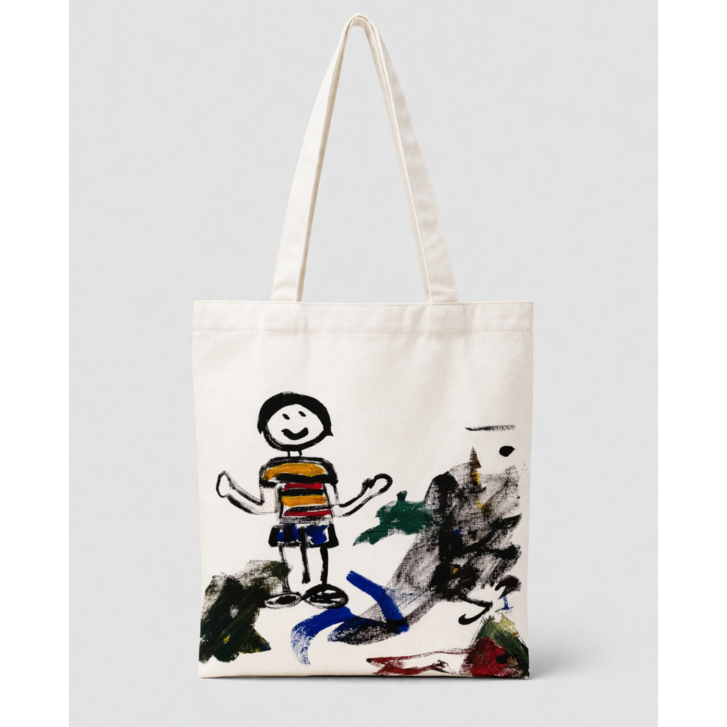 Tote bag with a colorful stick figure design on a white background