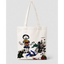 Tote bag with a colorful stick figure design on a white background
