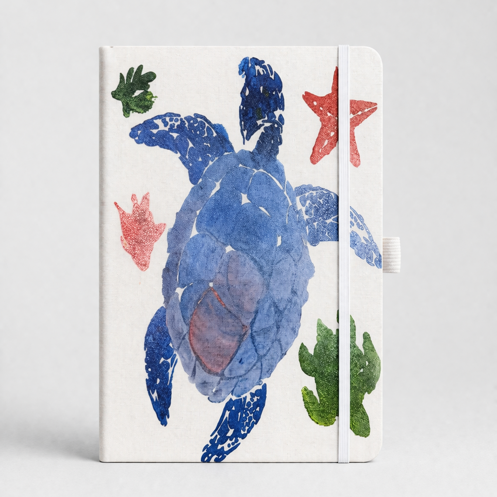 Notebook with a blue turtle design on a white background