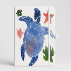 Notebook with a blue turtle design on a white background