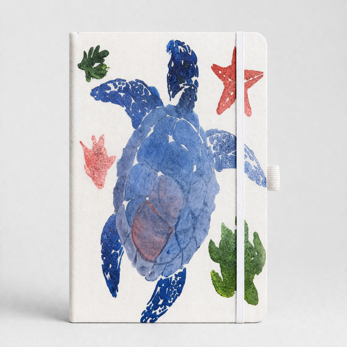 Notebook with a blue turtle design on a white background